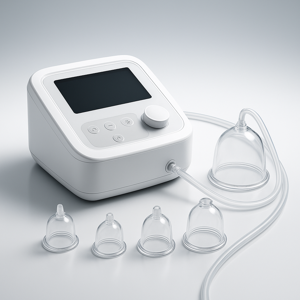 Modern silicone cups used for medi-cupping (vacuum therapy) during a massage treatment.