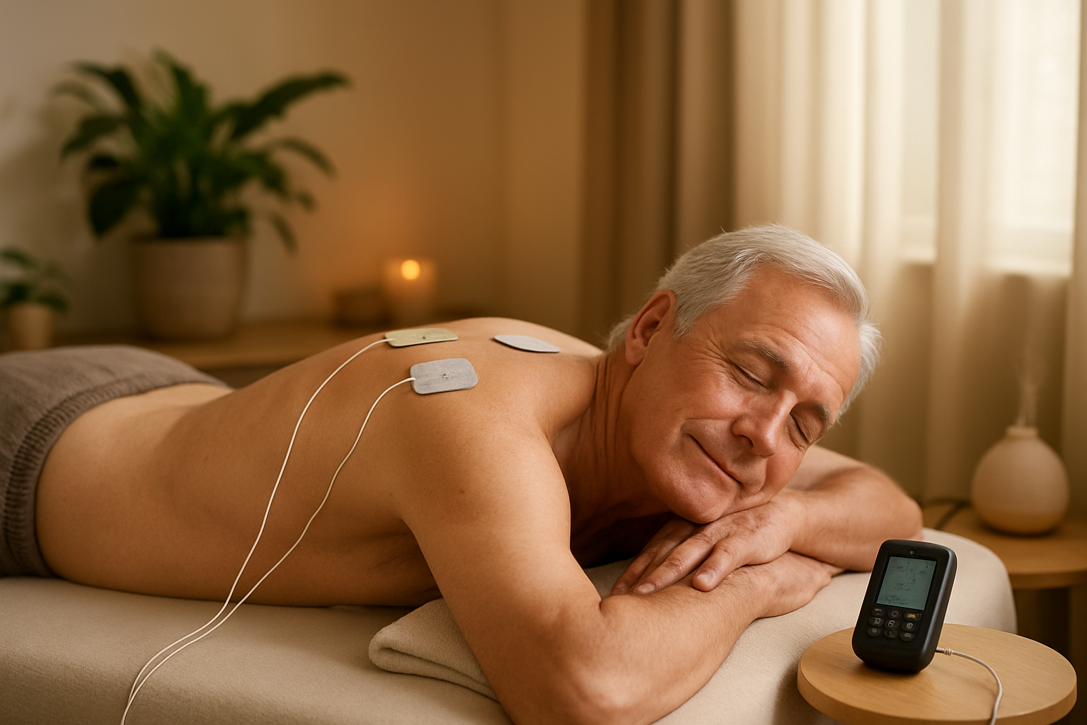 Older client receiving a TENS unit treatment within the comfortable confine of a massage therapist clinic.
